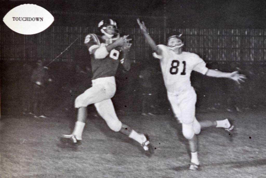 The 1966 McCallum-Austin game was a classic game with pivoted on a late first-half touchdown set up by this 25-yard pass from Steve Chrisman to Robert Morgan. Photo from 1967 Knight.