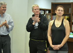 The MACulty has selected Ms. Nikki Northcutt as its 2017 Teacher of the Year. Mr. Baxa made the announcement in an afterschool ceremony today in the library. "I love working here," Northcutt told her peers. "I want to be here until I am 80." Baxa prefaced his announcement by saying the vote margin between Northcutt and fellow finalists Scott Pass and Nick Martin was very narrow. Photo by Dave Winter.