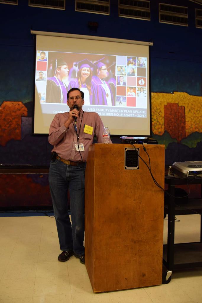 FABPAC member Mark Grayson addresses those in attendance at a community engagement meeting in the McCallum cafeteria on Jan. 24. Photo by Sophie Ryland.
