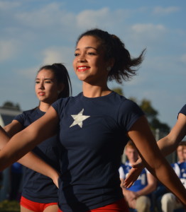 Dos Santos and her Brigade mates prepare to perform at the outdoor pep rally leading up to the Knights' playoff win over Kerrville Tivy on Nov. 11. Photo by Dave Winter.